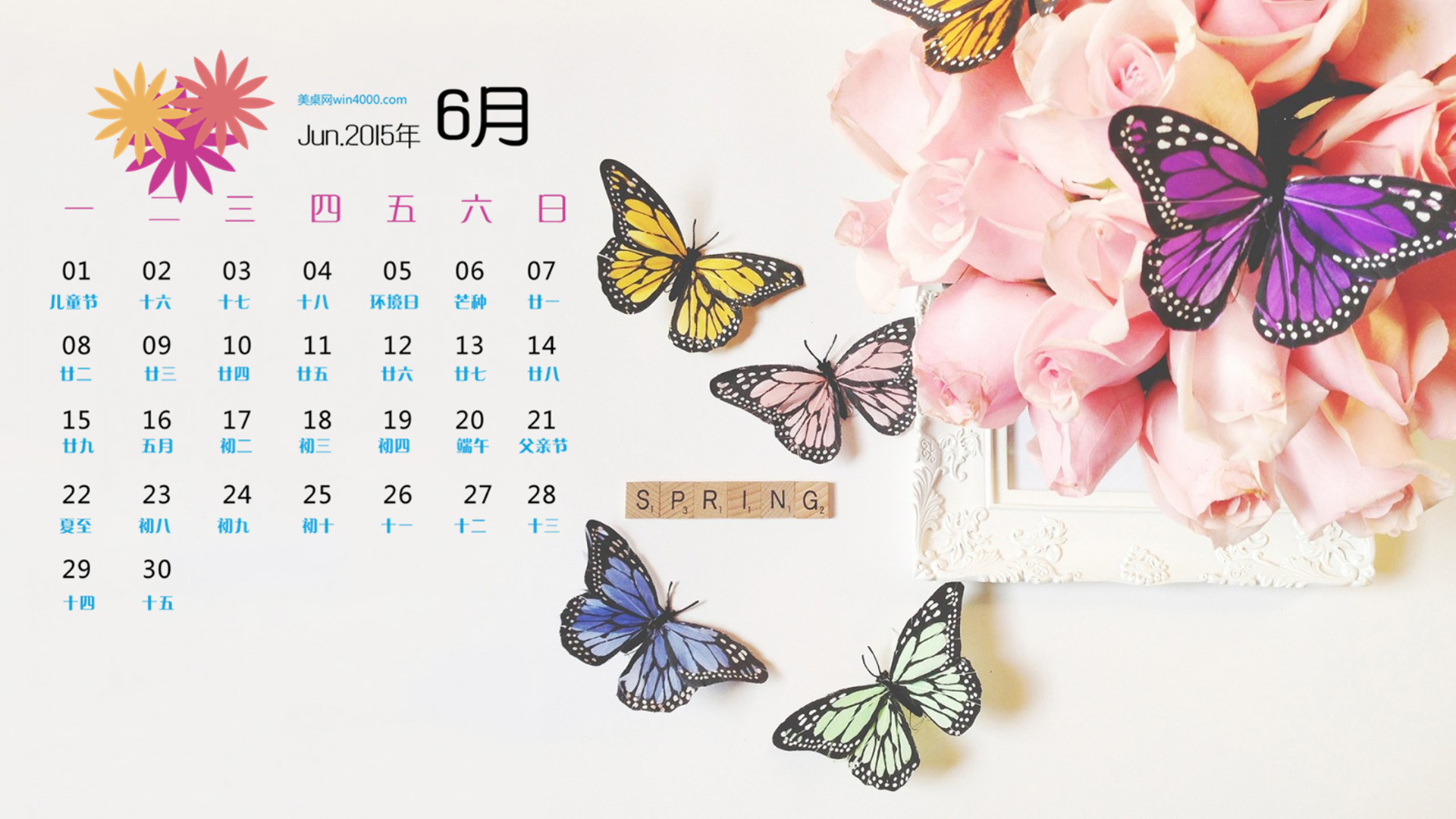 2015年6月日历精选高清彩色蝴蝶飞舞风景桌面壁纸下载高清大图预览1920x1080_日历壁纸下载_美桌网